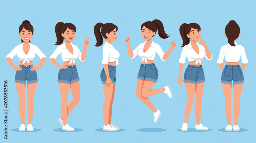 Obraz premium Woman character design sheet in flat minimalist style