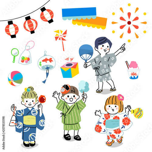夏祭りを楽しむ元気な子供たちとお祭りモチーフセット ・カラフルなベクターイラスト
