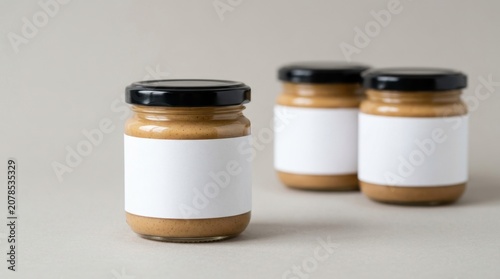 Three small glass jars filled with creamy peanut butter, each featuring a blank white label and black lid, presented on a neutral surface.