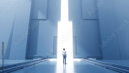 Man standing at opening leading to bright light symbol of opportunity and future