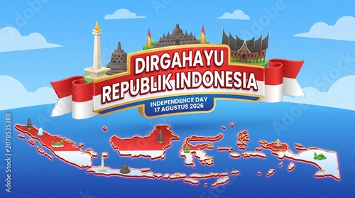Dirgahayu Republik Indonesia Independence Day 17 August Landmark Banner 3D Illustration