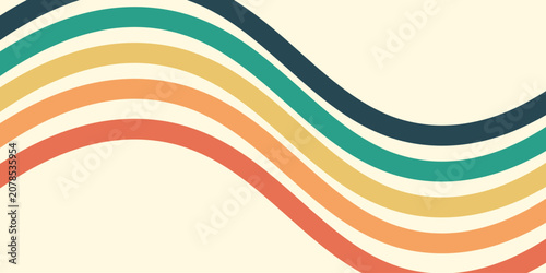 Abstract colorful 70s background vector. Vintage retro wallpaper with rainbow stripes and wavy lines. A 1970 color illustration suitable for posters, banners, decorative items and wall art.