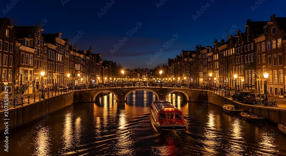 Obraz premium Night View of a City Canal with Illuminated Buildings and Bridge.