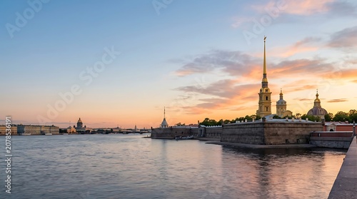 Historic fortress and golden spire by a wide river at sunset