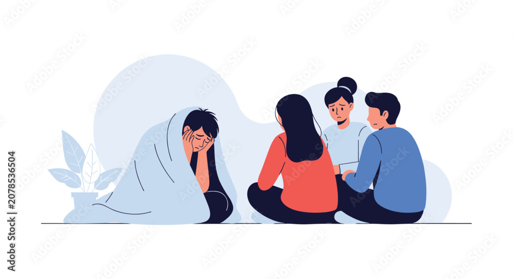 Fototapeta premium Caring friends comforting a sad depressed person covered in blanket sitting together on floor vector.