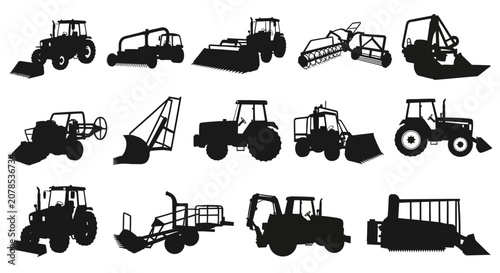 Fotografi Tractor and heavy machinery silhouettes for industrial