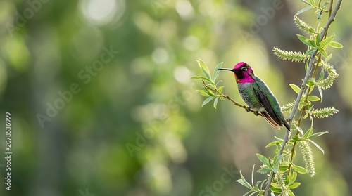 Colorful hummingbird perched on a leafy branch with bokeh background