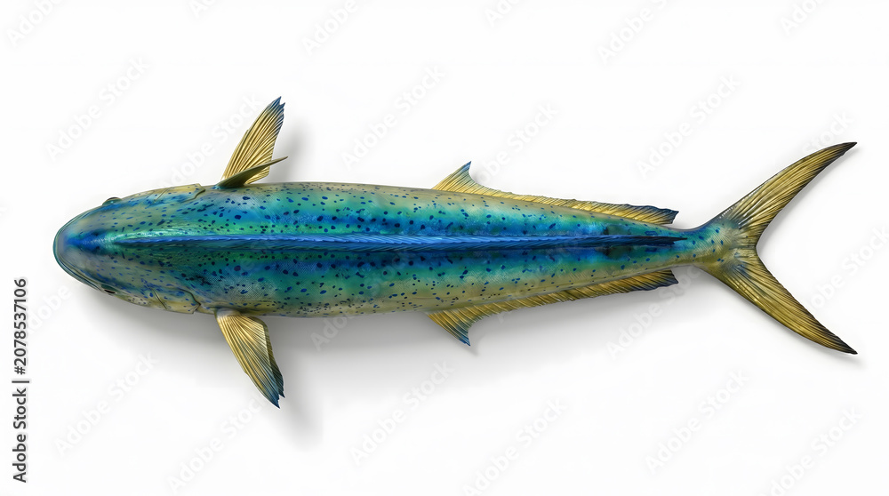 Naklejka premium Thick Mahi Mahi Dorado Fish Top Body Profile Isolated on Pure White Background