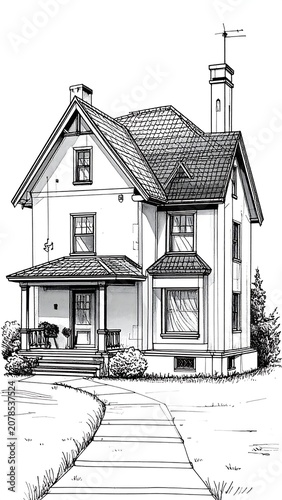 A detailed drawing of a two-story house with a covered porch