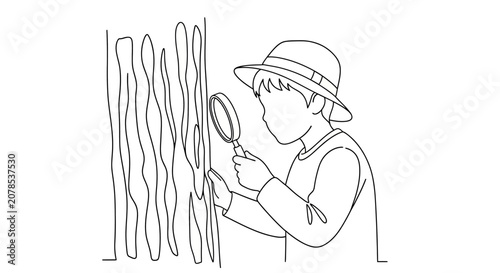 Child examining vertical lines with magnifying glass illustration.