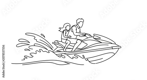 Man and woman riding a jet ski on waves.