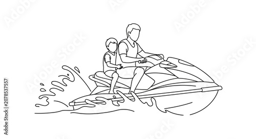 Family riding jet ski on water adventure.