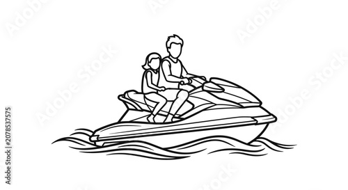 Man and child riding a jet ski on water.