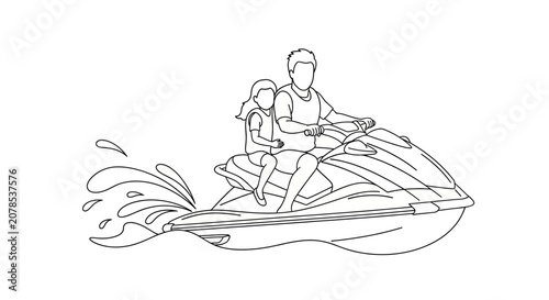 Family riding jet ski on water illustration.