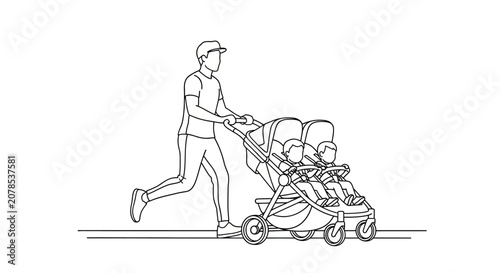 Man jogging while pushing a triple stroller with children.