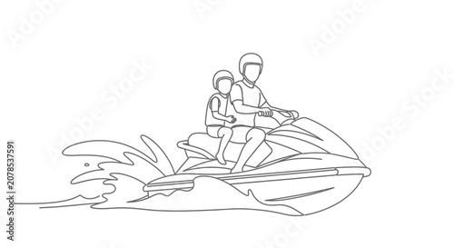 Two people riding a jet ski on water.
