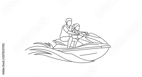Man and child riding a jet ski on water.