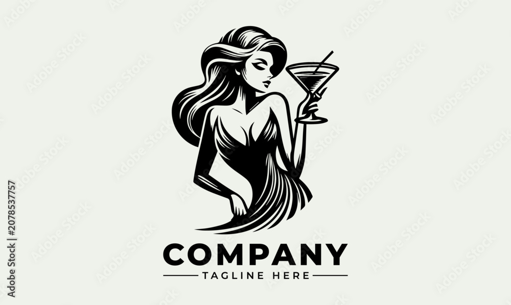 Fototapeta premium Elegant woman holding a martini glass logo design illustration.