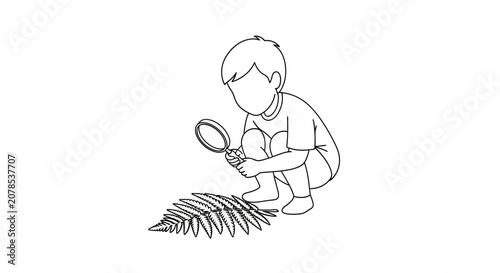 Child examining fern with magnifying glass illustration.