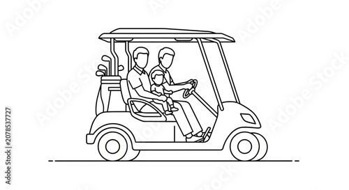 Two people riding a golf cart on a path.