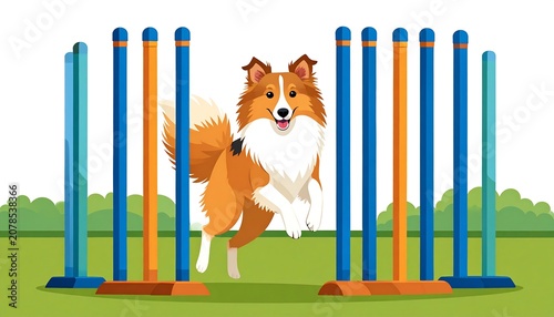 A dog with brown and white fur jumps through a colorful obstacle course on a green field