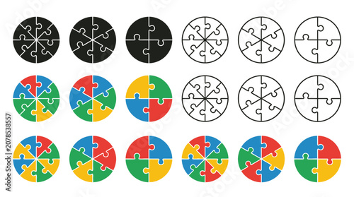 Colorful circular puzzle pieces arranged in rows for business presentations and strategic marketing design projects