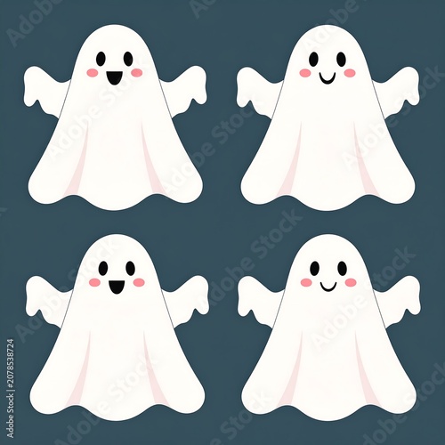 A digital illustration of four white ghosts with rosy cheeks