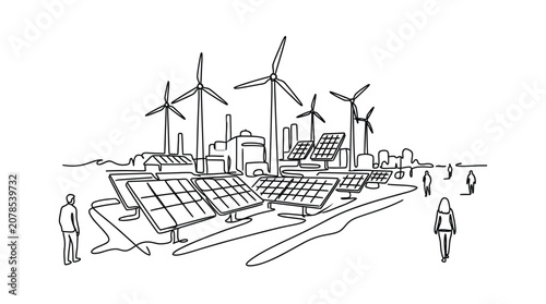 Hand drawn sketch of renewable energy farm with wind turbines and solar panels.