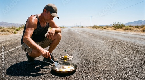 Sweaty Man Cooking Eggs in Frying Pan on Hot Asphalt Road Surface as Conceptual Metaphor for Extreme Heatwave and Global Warming