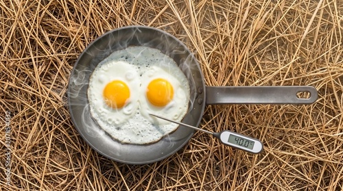 Top Down View of Frying Eggs in Pan on Dry Straw with Thermometer Showing 40°C as Heatwave Metaphor