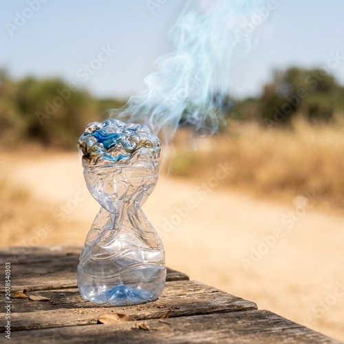 Melted Plastic Water Bottle with Rising Smoke Standing on Wooden Table as Conceptual Metaphor for Extreme Heatwave and Global Warming