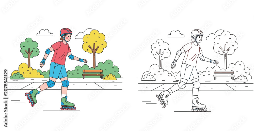 Fototapeta premium Girl inline skating in the park vector illustration. Active female character rollerblading with safety gear. Includes colored and black and white outline version for coloring page.