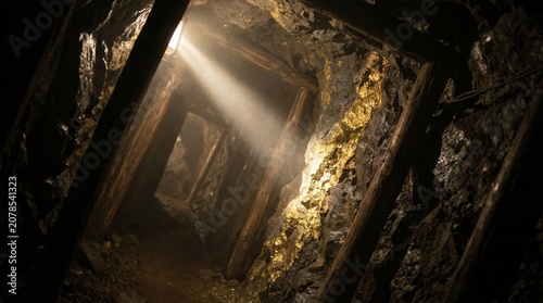 Atmospheric gold mine tunnel with wooden supports and sparkling gold vein lit by flashlight