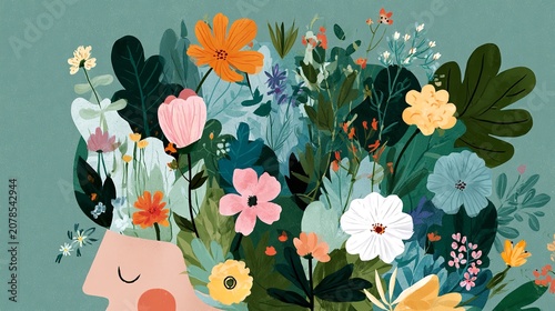 A Conceptual Illustration of a Person's Head Filled with Flowers and Plants