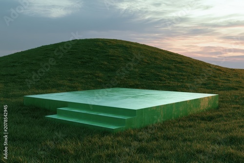 Emerald stage platform nestled in a lush meadow at twilight with soft natural lighting for eco-friendly product display marketing