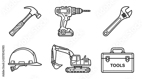 Flat Design Construction Tools and Machinery Set on White Background