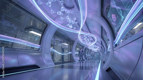 Futuristic corridor with glowing lights and scientists in a high-tech laboratory