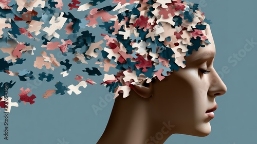 Jigsaw puzzle pieces forming a silhouette of a human head, representing cognitive processes