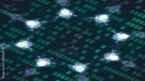 Abstract Digital Patterns Forming in Glowing Circles Across Geometric Grid