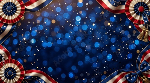 Patriotic usa flag rosette ribbons frame on a dark blue glowing bokeh background for independence day celebration
