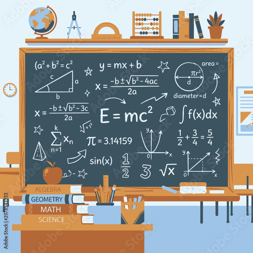 Blackboard filled with mathematical equations.