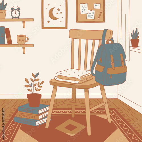 Blue Backpack on Wooden Chair.