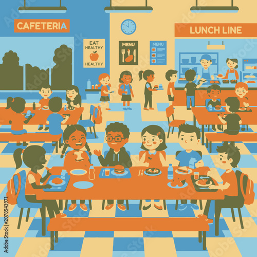 Children eating at school cafeteria tables.