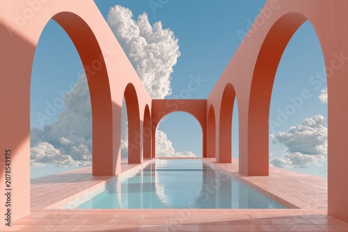 Minimalist pink arches framing a reflection pool under a bright sky with clouds for luxury spa and hospitality marketing