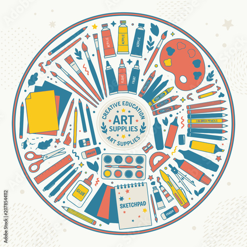 Colorful Art Supplies On Circular Background.