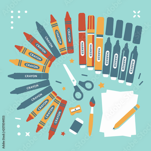 Colorful crayons and art supplies.