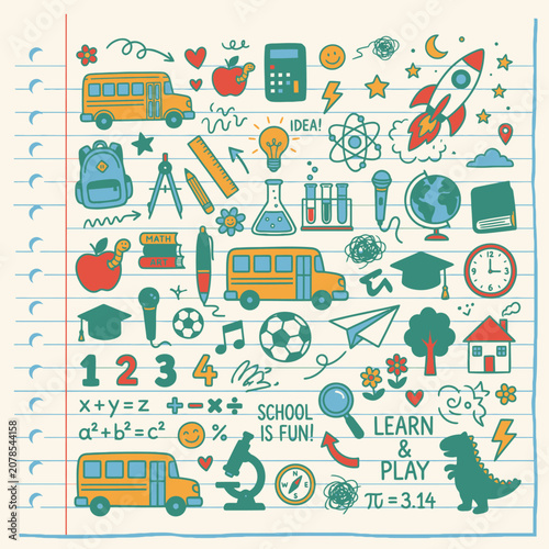 Colorful school icons and symbols.