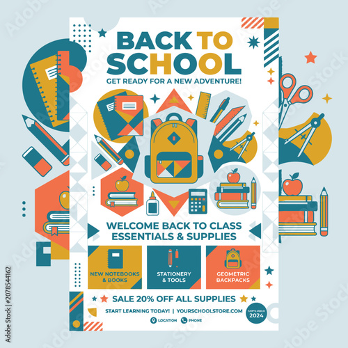 Colorful school supplies and backpack.