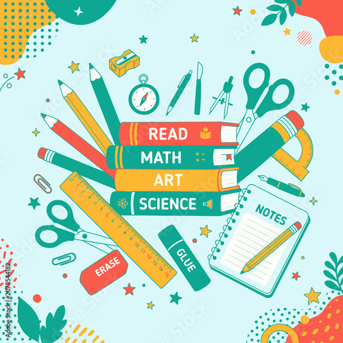 Colorful school supplies and books arrangement.