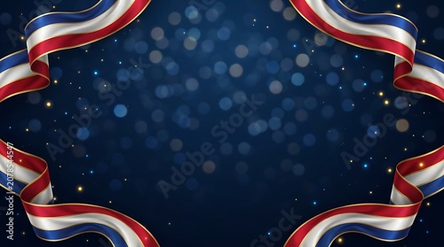 Patriotic red white and blue ribbons frame with glowing sparkles on a dark blue background for festive celebration events